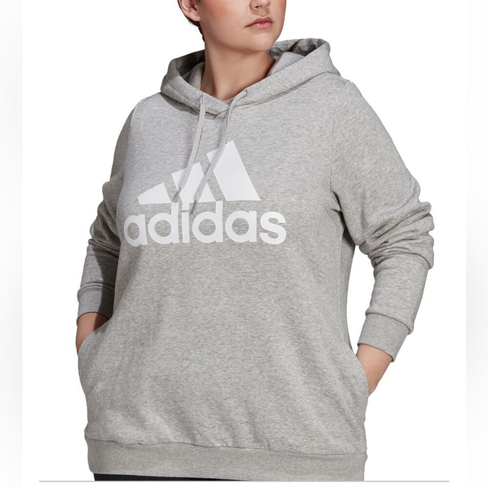 NWT Adidas Plus Size Essential Gray Fleece Logo Hoodie/Sweatshirt Pockets 1X